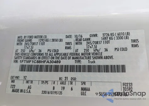 2017 Ford F-150 Xl z USA, uszkodzony, nr VIN 1FTMF1C88HFA30489